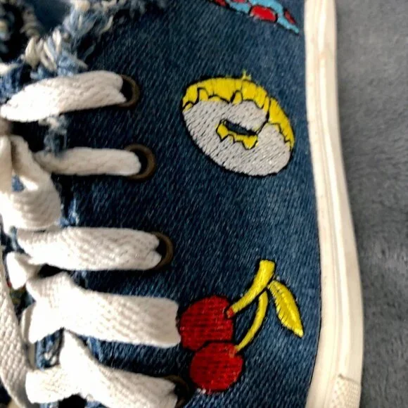 Denim Canvas Sneakers With Embroidered Smiley & Icons Frayed Detail - Picture 5 of 11
